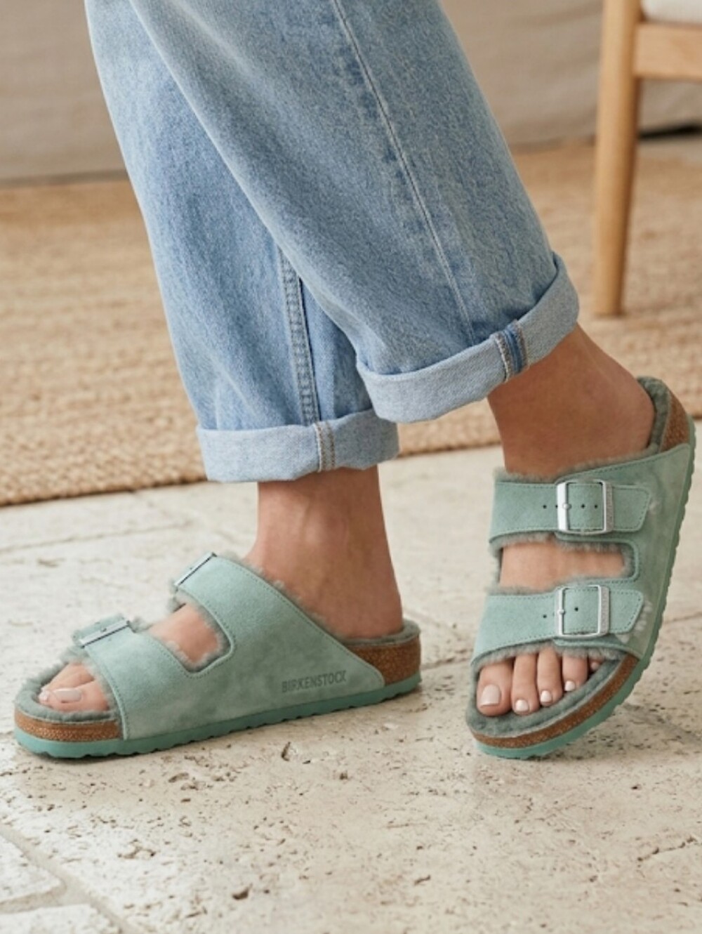 Birkenstock Arizona Suede Shearling Beryl (Mint Green) Sandal Size 37 / 6-6.5 US